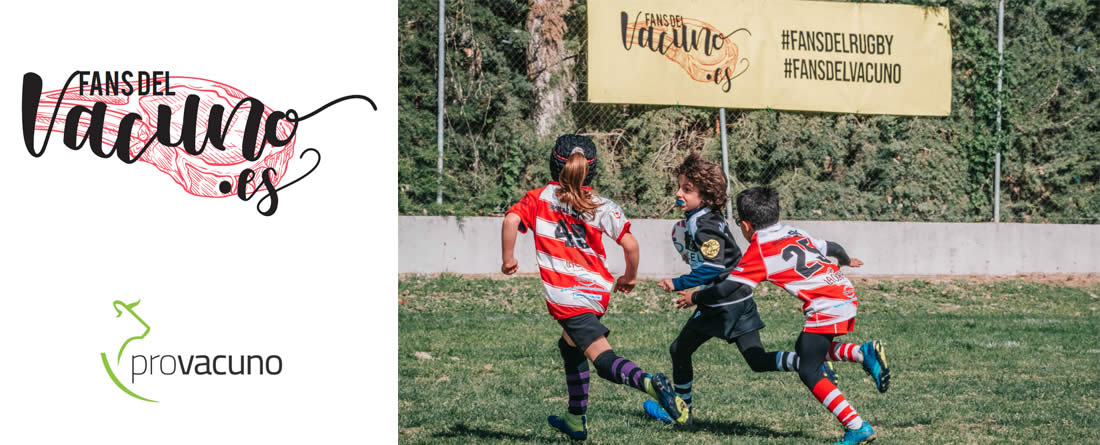 Niños jugando al rugby y logo de Fans del Vacuno de Provacuno